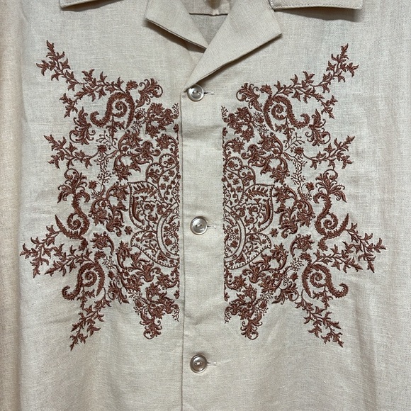 Mason Signature Almond Sienna Embroidered Linen Blend Button Down Shirt - Picture 3 of 7